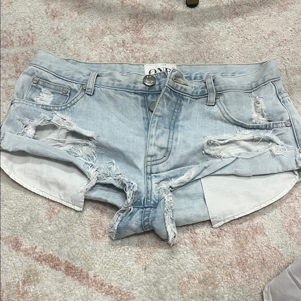 One Teaspoon Faded Blue Ripped Jean Shorts